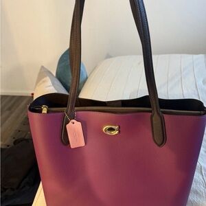 Coach Pebble Leather Magenta Shoulder Tote with Dark Brown Straps